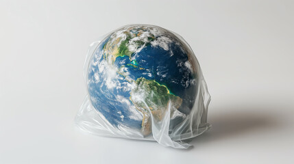 Planet Earth wrapped in plastic bag symbolizing environmental pollution, conservation