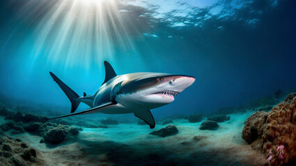 Wall Mural - Great White Shark, Underwater photo of marine life, sun rays through blue ocean water