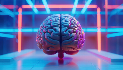 Wall Mural - 3d human brain with neon lights in the background. Abstract of artificial intelligence, creativity, and futuristic technology.