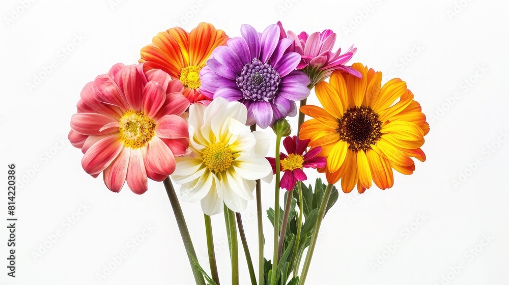 Colorful floral arrangement standing out vividly against a clean white background.