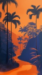 Wall Mural - Lush jungle with tall palm trees and a winding river depicted in a painting