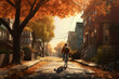 Boy riding a bicycle on a quiet street in the city in fall after school, safe childhood concept