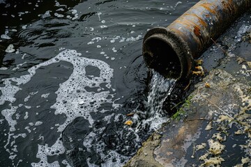 A pipe is spewing black water into the ocean. The water is foaming and bubbling, creating a chaotic and unsettling scene. Concept of pollution and environmental damage