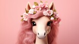 Cute pink pony in floral crown on pink background 