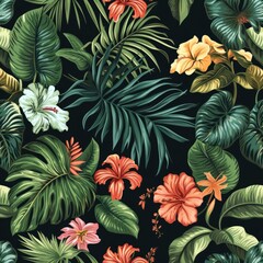  Exotic botanical pattern with tropical leaves and hibiscus flowers on black background. Exotic summer background 1:1