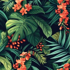 Wall Mural - Exotic botanical pattern with tropical leaves and flowers on black backgroung. Floral background 1:1