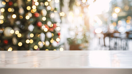 Wall Mural - Christmas background with empty white wooden table over bokeh lights.