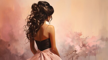 Wall Mural - Illustration of girl in beautiful black dress with open back view from the back against pastel background 