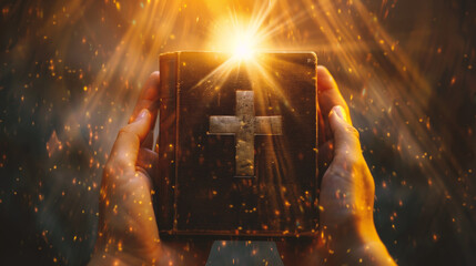 Wall Mural - Hands holding an open bible with a glowing cross on the background