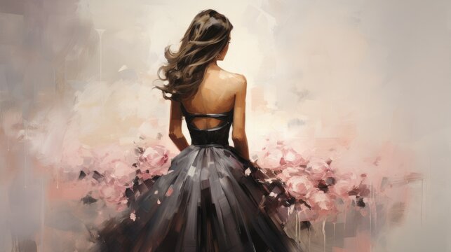 illustration of girl in beautiful black dress with open back view from the back against pastel backg