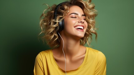 Wall Mural - Portrait of a happy girl in a yellow T-shirt with her eyes closed with headphones on a green background. The concept of loving music	