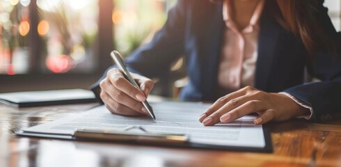 Businessman taking notes while sitting at the table with his client, and holding pen in hand to sign contract document on desk office.