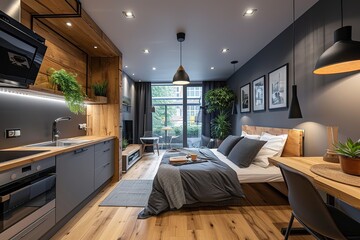 Wall Mural - Modern grey and wooden interior of small studio apartment. Front view of hotel flat room witn kitchen, living, bedroom in single space
