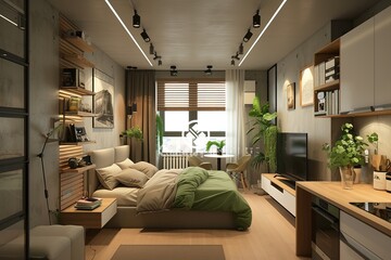 Wall Mural - Modern small studio interior with green details