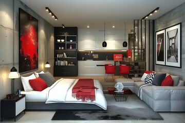 Wall Mural - Modern small studio interior with red details