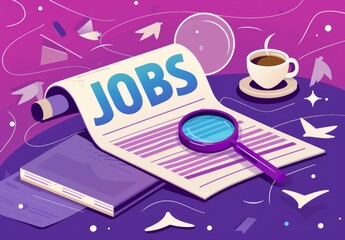 Flat vector illustration of an online job ad on a newspaper with a magnifying glass and coffee cup, purple background, 