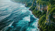Aerial view sea and cliffs. Idyllic journey turquoise ocean, tropical island, and limestone. awe coastal scenery, bay, and paradise resort. Amazing color tropics and exotic destinations.
