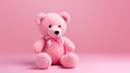 Wall Mural - toy plush pink bear with a silk bow on pink background with copy space