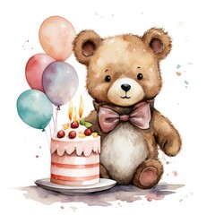 Wall Mural - toy plush bear in bowtie with birthday cake and balloons on white background. watercolor children's 