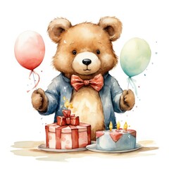 Wall Mural - toy plush bear in bowtie with birthday cake and balloons on white background. watercolor children's 