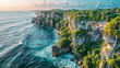 Aerial view beautiful seascape with turquoise sea and high cliffs. Scenic journey paradise. awe breaking cliff, idyllic lagoon, and exotic tropical island scenery dawn. Sun surface ocean