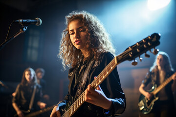 smiling young female student performs on the electric guitar with a school band in a concert