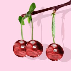 Canvas Print - Modern retro collage of disco balls cherries