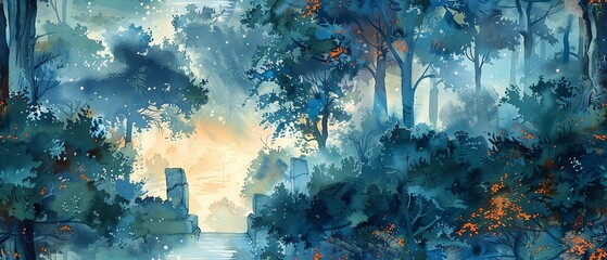 Illustrate an enchanting scene of a mystical forest with hidden ruins of an ancient civilization