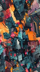 Wall Mural - Capture an abstract urban landscape from a worms-eye view, using vibrant graffiti and contrasting shadows to evoke a futuristic cityscape in a digital painting style