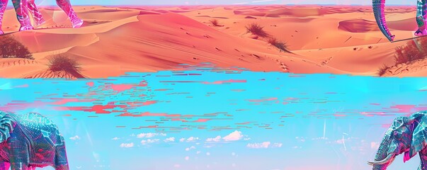 Witness a mechanical elephant trumpeting in a glitched-out desert of glowing sand dunes, seen through a glitch art lens, giving a tech twist to the safari experience