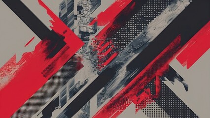 Wall Mural - An abstract background using mixed media techniques, combining traditional acrylic paint with digital elements such as textures and patterns. Red and gray colors