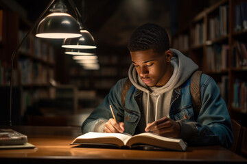Wall Mural - Young african american student studying late in a library at school