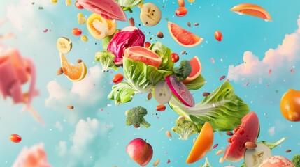 International flavors captured in a flying healthy food explosion, set against a pastel background for a playful and inviting atmosphere