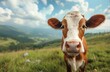 Happy cow in a meadow with mountains in the background. Shallow depth of field, a clear blue sky, and a green grassy pasture. Agriculture landscape banner. Copy space for text.