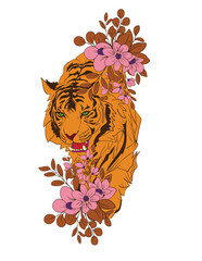 Wall Mural - tiger illustration with japanese style background