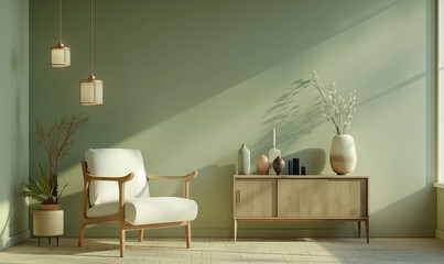 Wall Mural - 3d rendering, A photo of an empty wall in the living room, the walls have been painted with sage green color, there is a white armchair and wooden sideboard on one half of the picture