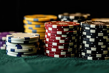 Stacks of colorful casino chips on green