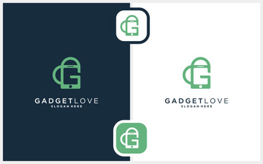 Gadget Love logo vector. Abstract letter G mobile phone shape with combination heart/love sign. Simple creative icon style. Illustration template.