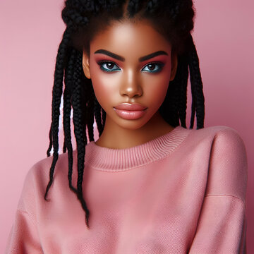 Studio Portrait of an Attractive Stylish Young Black African American Ethnic Female Beauty Girl Fashion Model with Full Makeup and Beautiful Braids Hairstyle Wearing Pink Isolated on a Pink Background