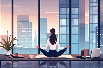 young businesswoman practicing yoga in modern office worklife balance concept illustration