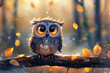 Painting of small owl with big eyes sitting on tree branch in autumn forest.