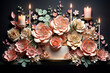 Cake on a table surrounded by paper flowers and candles.