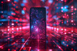  Black smartphone in the center with pink and blue galaxy on screen. Background is red and blue grid with more lights in corners.