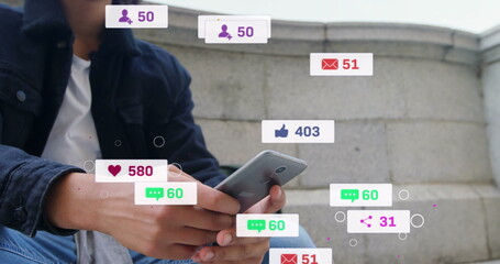 Poster - Image of media icons over biracial man using smartphone