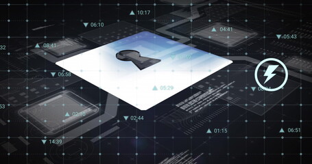 Poster - Image of digital icons and data processing over security padlock icon against grey background
