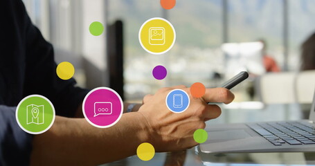 Poster - Image of media icons over caucasian man using smartphone