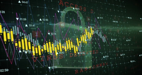 Poster - Image of data processing over security padlock icon against green background