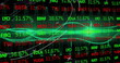 Image of stock market data processing and green digital wave against black background