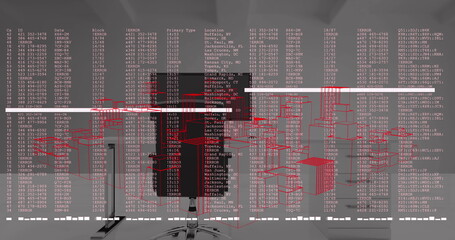 Poster - Image of data processing and 3d spinning city model against office desk