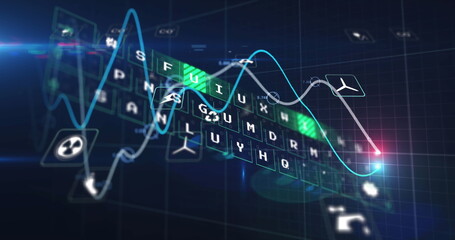 Poster - Image of digital icons over glowing graphs and data processing against blue background